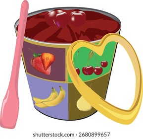 Jam jar ilustrando diferentes frutas frescas, perfeito para alimentos e conceitos doces