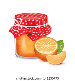jam jar with orange and slice isolated on white