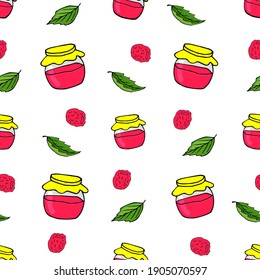 Jam in a jar, raspberry jam.  Seamless pattern
