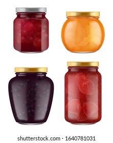 Jam jar. Realistic home made marmalade traditional gourmet healthy jelly food from fruits vector collection