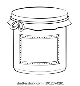 Jam jar screw glass with blank label, outline comic style vector illustration on white background, to be colored.
