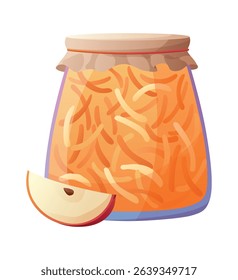 Jam jar with slice of apple. Homemade berries and fruit jam, natural organic product. Breakfast food, sweet fruit dessert vector illustration. Winter pot on white background