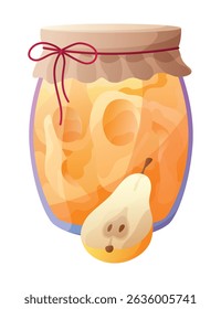 Jam jar with slice of pear. Homemade berries and fruit jam, natural organic product. Breakfast food, sweet fruit dessert vector illustration. Winter pot on white background