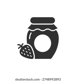 Jam jar with strawberry icon. Fruit jam and sweet preserve. Monochrome black and white symbol