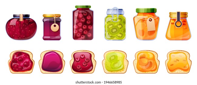 Konfitüren und Brotoasts, Glasbehälter mit Fruchtgelee aus Pfirsich, Aprikosen, Seeborn, Kirschen und Kiwi oder Erdbeere. Farbige Gelatine-Marmelade in Packungen, Konservenröhren, Cartoon-Vektorset