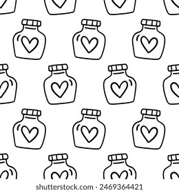 Jam Jars Doodles Romantic Seamless Pattern, Valentines Day Background Texture. Wallpaper, Minimal Textile Print Design Vector Illustration, Vintage Retro Style