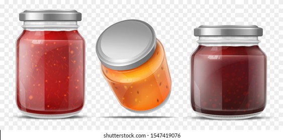 Jam jars, glass containers for fruit jelly set isolated on transparent background. Gelatin marmalade pack with cap mock up design. Blank preserve tubes different sizes Realistic 3d vector illustration - Shutterstock ID 1547419076