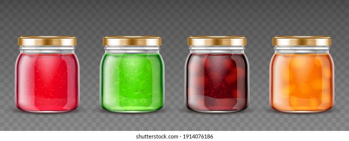 Jam jars, glass containers with fruit jelly, colorful gelatin marmalade packs with cap mock up design. Blank different color preserve tubes isolated on transparent background, Realistic 3d vector set