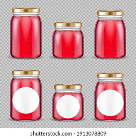Jam jars, glass containers with pink fruit jelly, gelatin marmalade packs with cap mock up design. Blank preserve tubes of different sizes isolated on transparent background, Realistic 3d vector set
