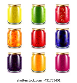 Jam jars icons detailed photo realistic vector set