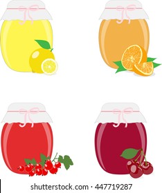 Jam jars, lemons, oranges, currants and cherries. Isolated On White Background, Vector Illustration