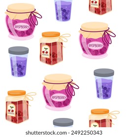 Jam in jars, seamless pattern design. Homemade fruit jelly, berry confiture, sweet marmalade, repeating print. Endless background, natural food in glass packaging. Colored flat vector illustration