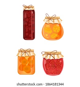 Jam in jars of strawberries, cherries, dandelions, apricots. Cartoon flat vector illustration isolated on white background.