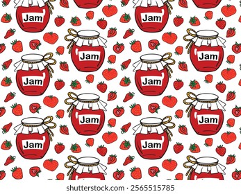 jam jars and strawberries seamless pattern, ideal for food packaging, kitchen decor, recipe books, and playful branding in culinary items.