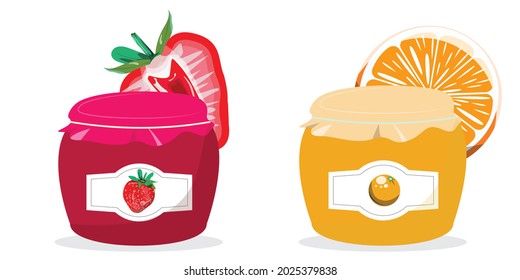 Jam jars with strawberry and orange flavor. Home made jams. Dessert. Flat design of jam jars. 
