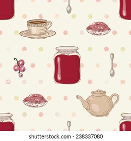 Jam jars teapot cup spoons and dishes cute seamless pattern