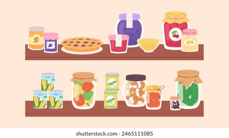 Jam jars and vegetable preserves on shelves. Sweet pie with fruit or berry marmalade. Pickles, peppers, tomatoes, olives and mushrooms, vector elements