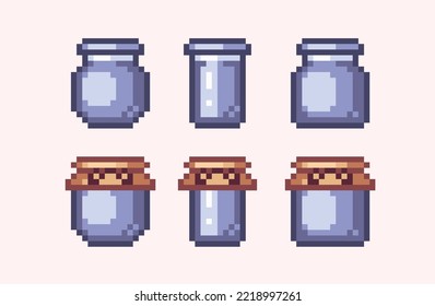 Jam or jelly empty jars pixel art set. Glass container collection. 8 bit sprite. Game development, mobile app.  Isolated vector illustration.