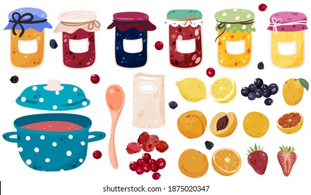 Jam, jelly, fruits set isolated on white vector illustration. Sweet goods making kit collection design elements. Homemade candy making, marmalade, confiture preserve in cartoon style.