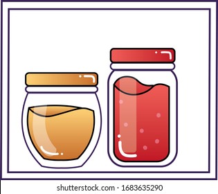 Jam, Jelly And Honey Glass Jar Drawing Cartoon Icon Style Design Vector Illustration