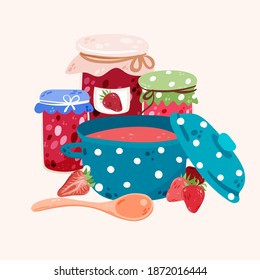 Jam, jelly witch fruits set isolated vector illustration. Sweet goods collection design elements. Homemade candy making, marmalade, confiture preserve in cartoon style.