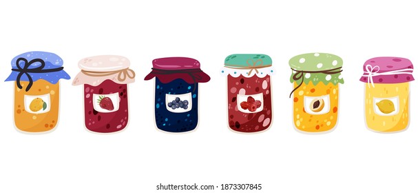 Jam, jelly witch fruits set isolated on white vector illustration. Sweet goods collection design elements. Homemade candy making, marmalade, confiture preserve in cartoon style. - Shutterstock ID 1873307845