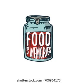 jam or kitchen utensils, cooking stuff for menu decoration. baking logo emblem or label, engraved hand drawn in old sketch or and vintage style. Food is memories.