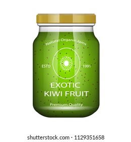 Jam kiwi. Glass jar with jam and configure. Vector illustration. Packaging collection. Label for jam. Bank realistic. Mock up glass jar with design label and logo