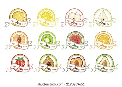 Jam label circle vintage emblem with ribbon delicious vegan fruits dessert set vector illustration. Sweet sugar vitamin pack emblem lemon apple pineapple pear kiwi peach watermelon orange strawberry