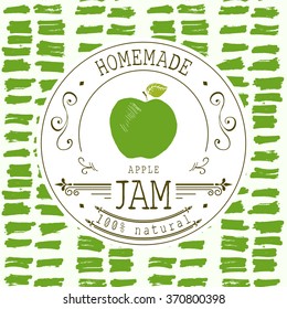 Jam label design template. for apple dessert product with hand drawn sketched fruit and background. Doodle vector apple illustration brand identity.