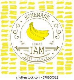 Jam label design template. for banana dessert product with hand drawn sketched fruit and background. Doodle vector Banana illustration brand identity.