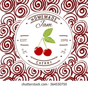 Jam label design template. for cherry dessert product with hand drawn sketched fruit and background. Doodle vector cherry illustration brand identity.