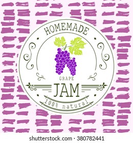 Jam label design template. for grape dessert product with hand drawn sketched fruit and background. Doodle vector Grape illustration brand identity.