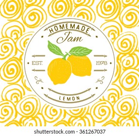 Jam label design template. for lemon dessert product with hand drawn sketched fruit and background. Doodle vector lemon illustration brand identity.