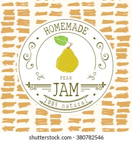 Jam label design template. for pear dessert product with hand drawn sketched fruit and background. Doodle vector pear illustration brand identity.