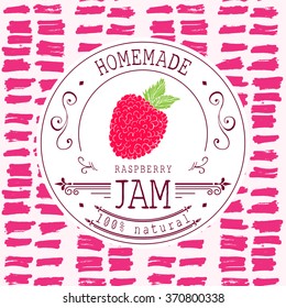 Jam label design template. for raspberry dessert product with hand drawn sketched fruit and background. Doodle vector raspberry illustration brand identity.