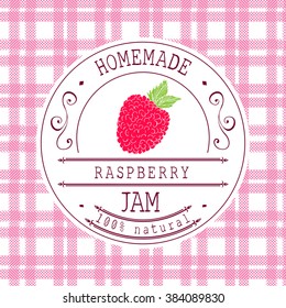 Jam Label Design Template. For Raspberry Dessert Product With Hand Drawn Sketched Fruit And Background. Doodle Vector Raspberry Illustration Brand Identity.