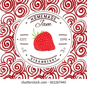 Jam label design template. for strawberry dessert product with hand drawn sketched fruit and background. Doodle vector strawberry illustration brand identity.