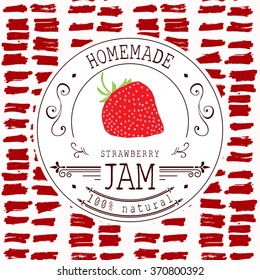 Jam label design template. for strawberry dessert product with hand drawn sketched fruit and background. Doodle vector strawberry illustration brand identity.