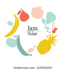 Jam label template. Fruit silhouettes in yellow-red-blue shadows.