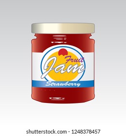 Jam in labeled glass jar. Isolated vector.