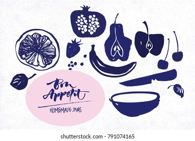 Jam labels template. Fruit silhouettes. Bon appetite lettering