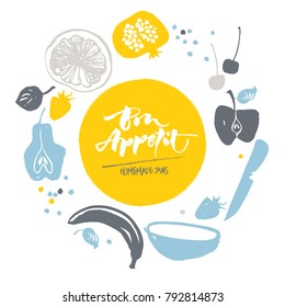 Jam labels template. Fruit silhouettes. Bon appetite lettering