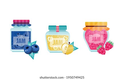Jam or Marmalade as Fruit Preserve in Glass Jar Vector Set