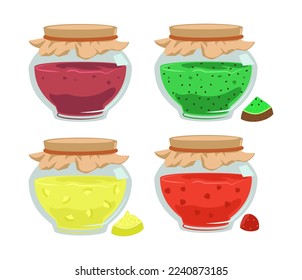 Jam or marmalade in glass jars vector illustrations set. Cartoon drawings of jam with different fruit flavors isolated on white background. Dessert, food, diet concept