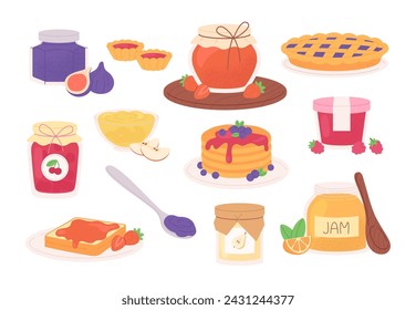 Jam and marmalade. Jams in glasses jars, homemade preserves sweet desserts. Tasty breakfast toasts and pancakes, pie with berry, racy vector set