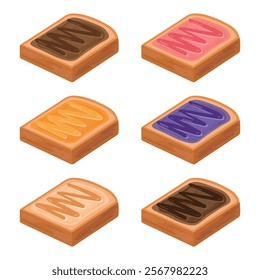 Jam on bread vector illustration. White sliced ​​bread. Delicious toast. Bakery elements. Chocolate, blueberry, peanut, orange, strawberry, caramel flavors.