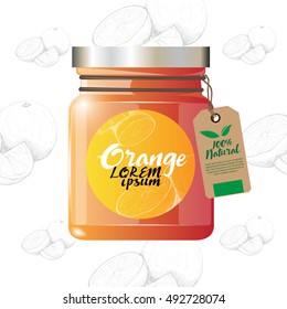 Jam orange. Glass bottle packaging for fruit jam with design label or badges. Vector illustration. Packaging collection. hand drawn illustration of orange.