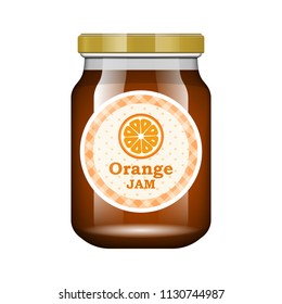 Jam orange. Glass jar with jam and configure. Vector illustration. Packaging collection. Label for jam. Bank realistic. Mock up glass jar with design label and logo.