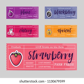 Jam packing design, for summer and autumn, fruits and berries of blackberries, plums, cherries, strawberries, apricots. And as you can use as web elements for the site and blog.